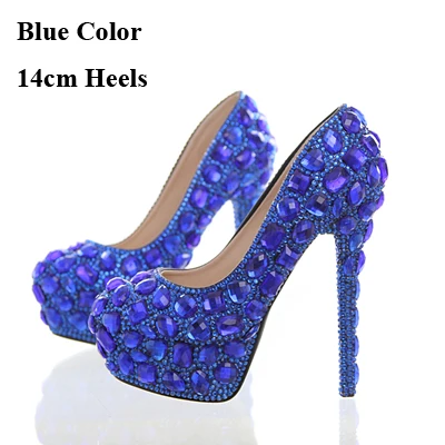 Blue 14cm Heels Свадебные ярко-синие туфли со стразами Туфли на очень высоком каблуке свадебные вечерние для выпускного Туфли на высоком каблуке с синими стразами для рождественской вечеринки Дамская обувь - Цвет: Blue 14cm Heels