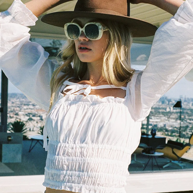 Для женщин Flare белая блузка с длинным рукавом рубашка на шнуровке вырезом