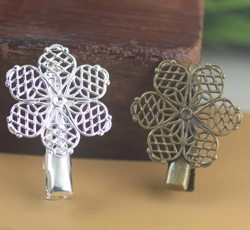 

25mm Flower vintage Barrettes Hair Bobby Pin clip with Claw Tray,Bronze/Gold/Silver/Black Hairpin DIY Jewelry Accessories 100pcs