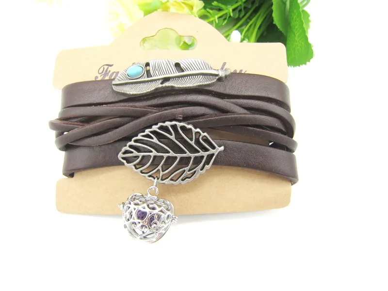 High Quality Geniue Leather With Leaf Charms and Smart Apple Locket DIY Essential Oil Diffuser Leather Bracelet images - 6