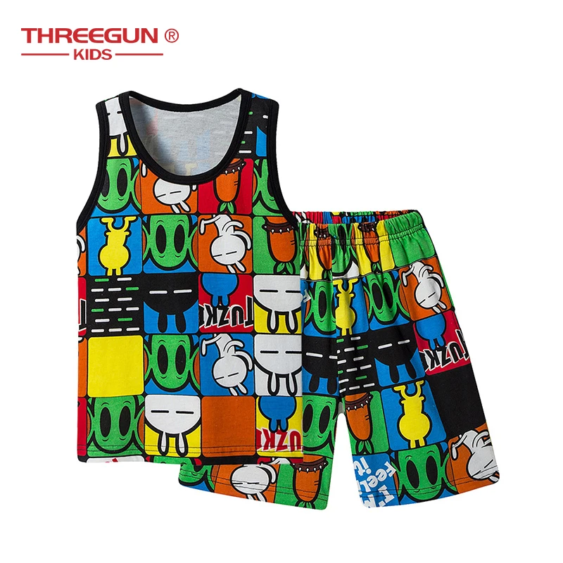 THREEGUN 2 шт./компл. для мальчиков, одежда для сна из хлопка, детское платье без рукавов, Рисунок розы, пижамный комплект с рисунком Tuzki шорты+ жилет нижнее белье для подростков
