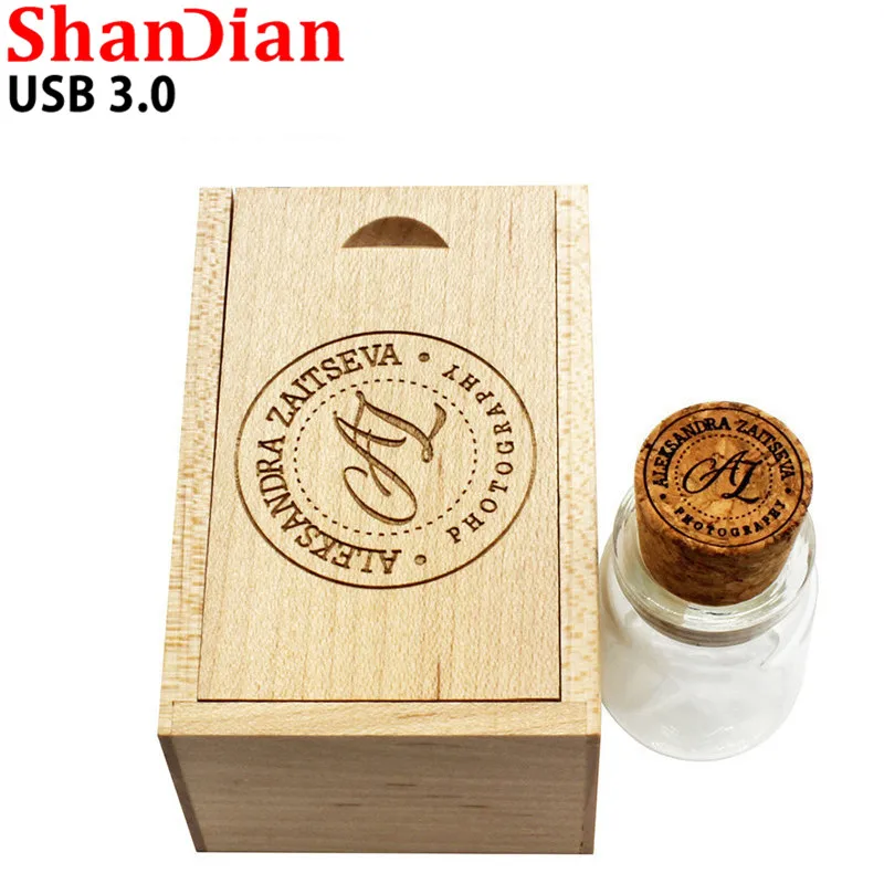 

SHANDIAN USB 3.0 LOGO customer Glass drift bottle Cork USB + wooden box USB Flash Drive pendrive 4GB 8GB 16GB 32GB wedding gift