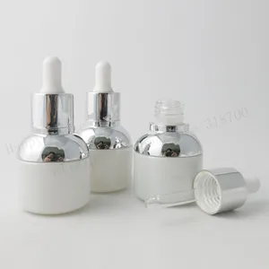 30 шт.лот 30 мл многоразовый пустой грушевидный белый стеклянный флакон с пипеткой серебристый алюминиевый белый резиновый косметический контейнер 1 унция