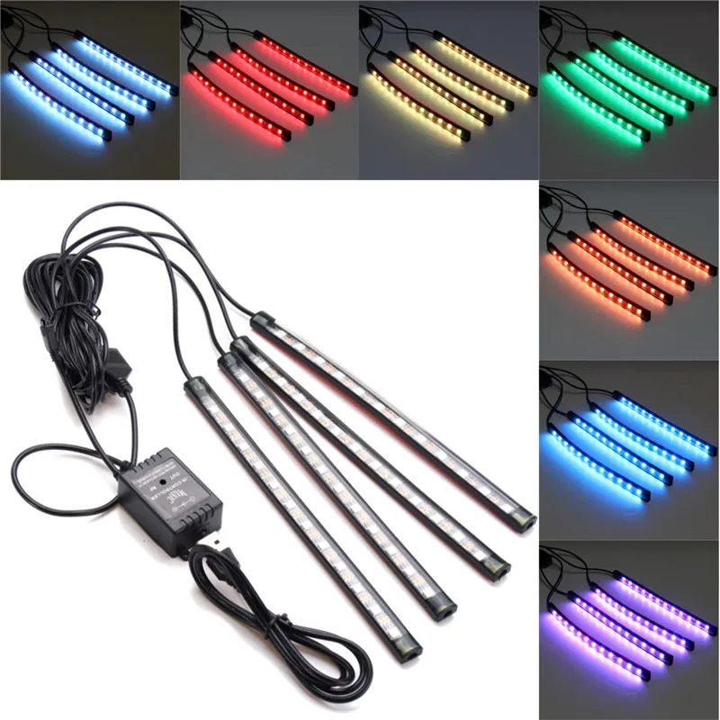 4шт светодиодная полоса автомобиля USB / прикуриватель интерфейс APP дистанционное голосовое управление. Многоцветная атмосфера включена.