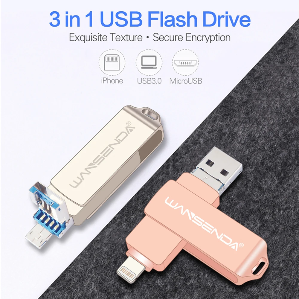 WANSENDA USB3.0 Flash Drive 128 GB памяти 64 32 16 металлические палочки флешки с логотипом для iPhone
