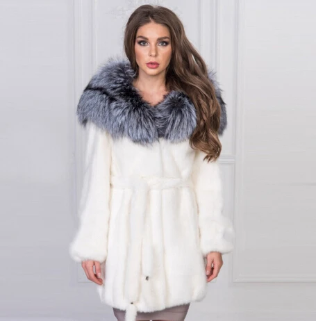 white 1 FURSARCAR Новое поступление Полный Пелт шуба из натуральной норки для женщин с воротником из Меха чернобурки натуральный мех норки Женское пальто - Цвет: white 1