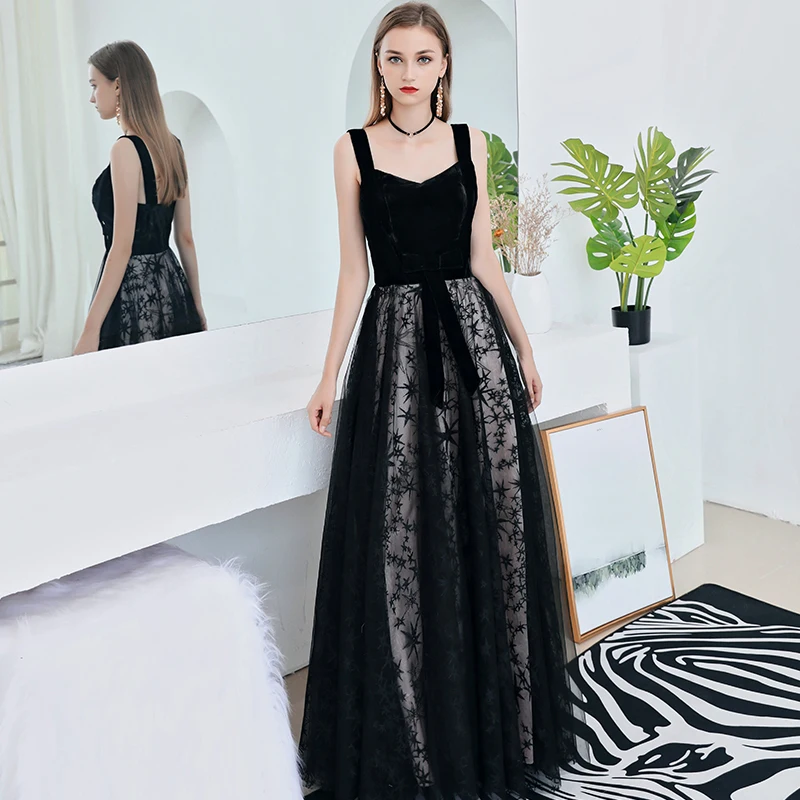Женское вечернее платье до пола SSYFashion элегантное черное кружевное без рукавов