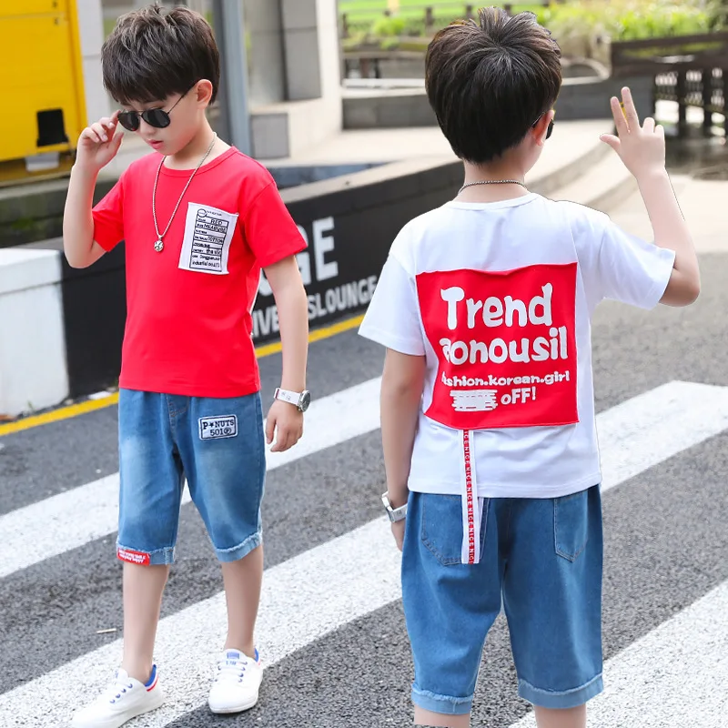 High Quality Boutique Kids Clothing Set Teenage School Boys Sport Suit Cotton Green/red/white Tshirts + Denim Shorts 2 Pcs Sets |