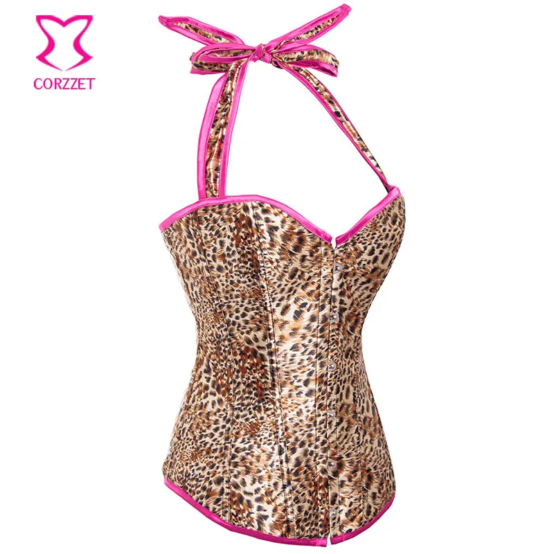 Сексуальное сатиновое леопардовое платье с бретелькой через шею корсеты для