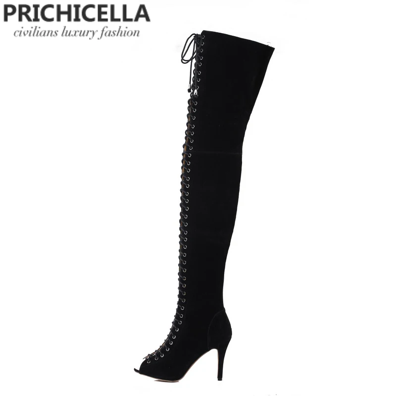 PRICHICELLA/пикантные женские сапоги-гладиаторы с открытым носком на высоком каблуке со шнуровкой; цвет красный, черный, коричневый; высокие сапоги до бедра; size35-42