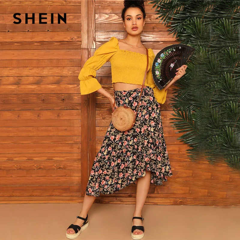 SHEIN Асимметричная Юбка С Цветочным Принтом, Летняя Юбка На Запах
