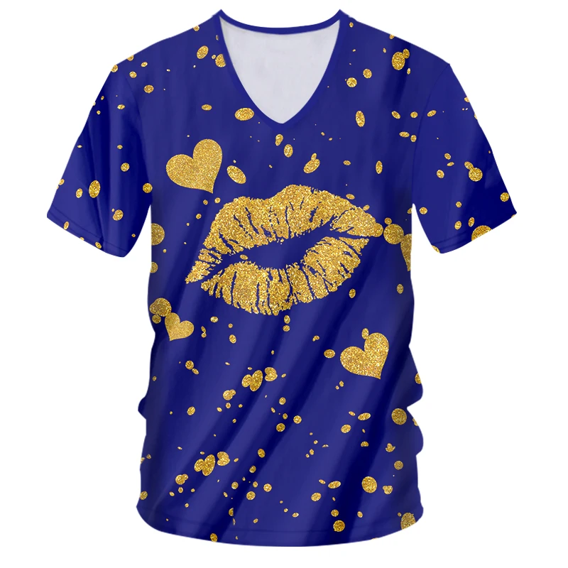 OGKB бренд рот губы футболка с v-образным вырезом золотые и синие рубашки 3d все тело