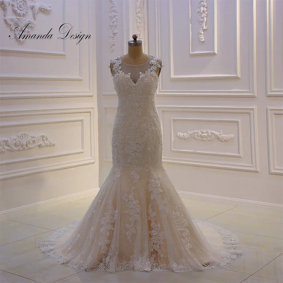 Аманда дизайн abiti da sposa с рукавом-крылышком Кружева Аппликация Шампанское Русалка свадебное платье