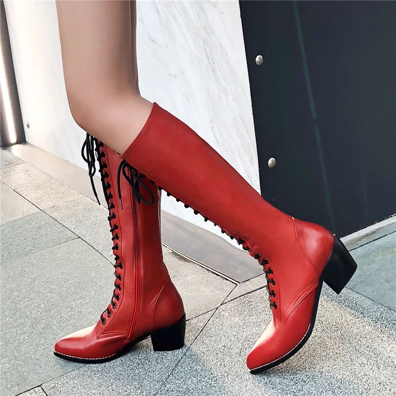 

FEDONAS New Women Knee High Boots Genuine Leather Autumn Winter Warm High Heels Shoes Woman Round Toe Cross-tied Quality Shoes