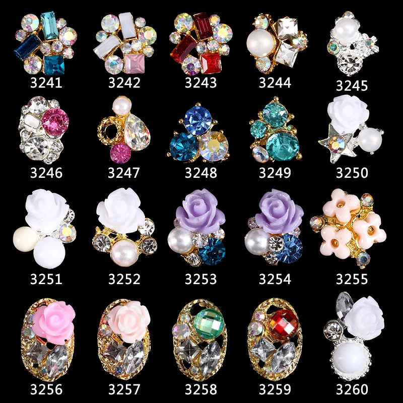 

100PCS 3241-3260 new Alloy 3D Nail Art Stickers Clear Alloy Rhinestone Pearl Flower Nail Art Slices DIY Decorations