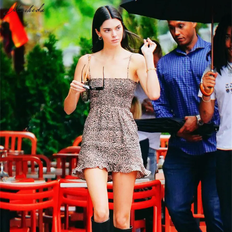 Macheda Autumn Leopard Print Mini Dresses Women Fashion Spaghetti Strap Ruffle Sleeveless Casual Short Dresses New