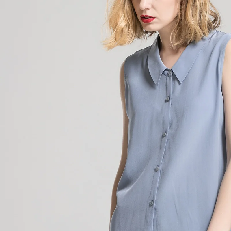 Women Silk Shirt 100%Real silk Sleeveless Solid Button T shirt 2019 Summer New Top Office lady Slate Blue | Женская одежда