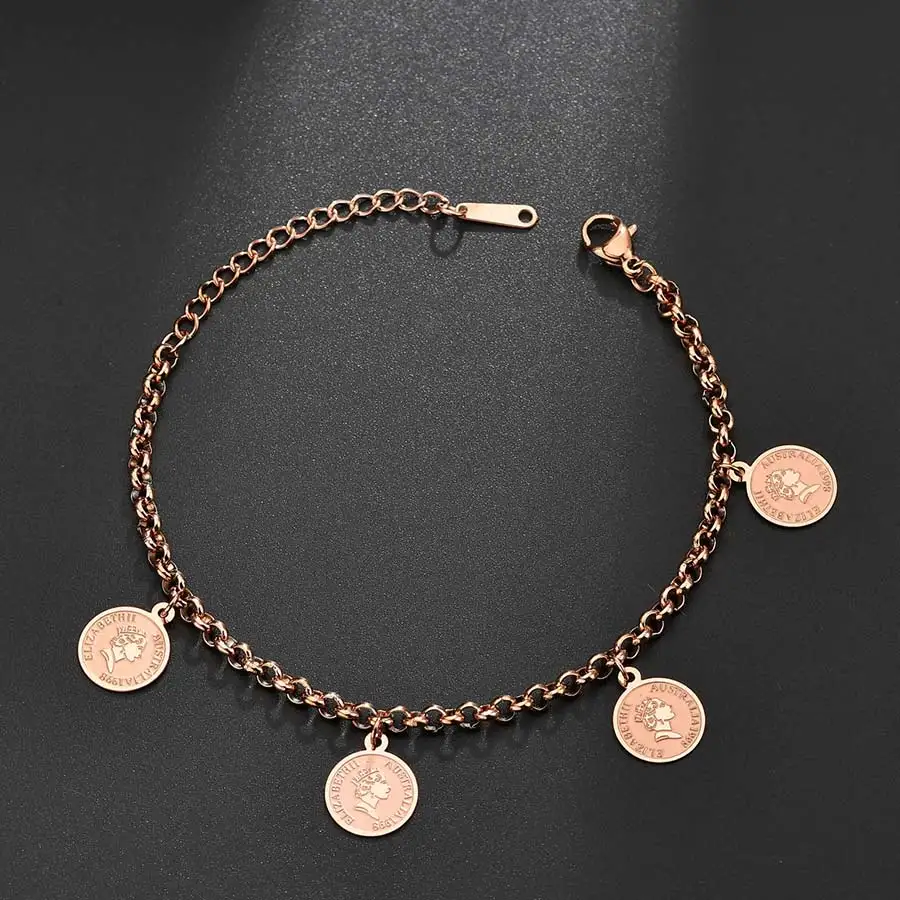 Rose Gold Хобборн Королева Великобритании женский браслет из нержавеющей стали Elizabeth II звено цепи монета женские браслеты Pulsera ювелирные изделия - Окраска металла: Rose Gold
