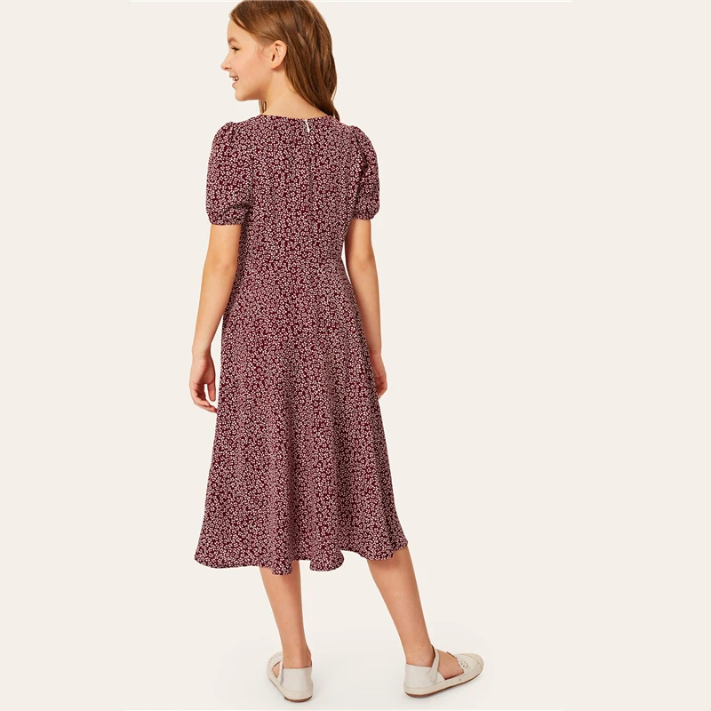 SHEIN/Детское платье трапециевидной формы с v-образным вырезом и цветочным принтом на пуговицах спереди для девочек летнее праздничное расклешенное платье миди в стиле бохо с пышными рукавами