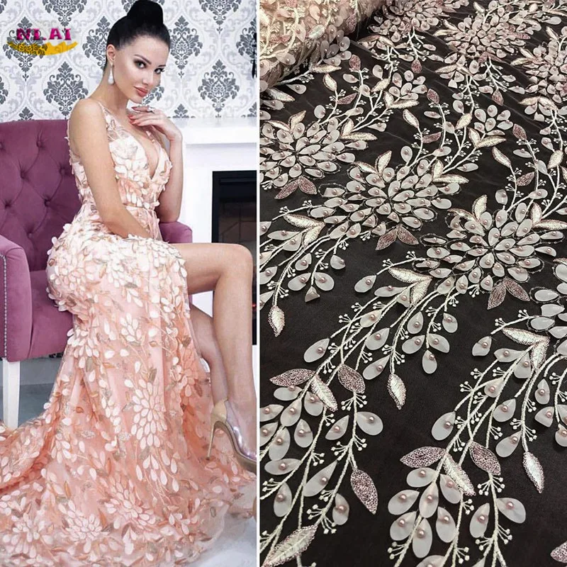 

Nigerian Lace Fabric 2018 High Quality Lace African Tulle Lace Fabric With 3D Beads French Net Lace For Wedding Dress XY2429B-1