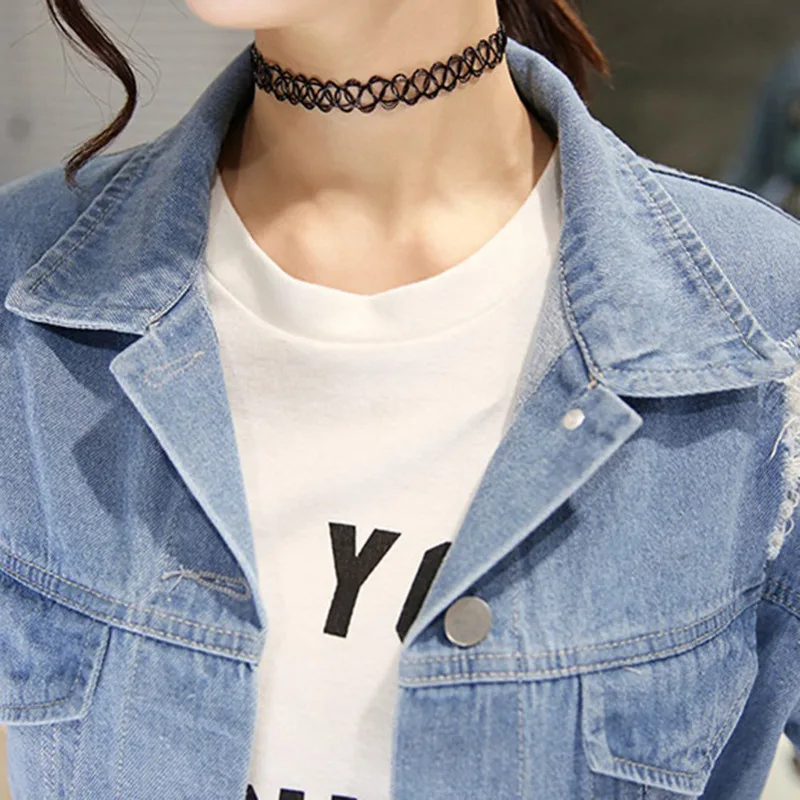 Where is my mind?Korea retro washing frayed embroidery letter patch bomber jacket Blue Ripped Distressed Denim Coat Female | Женская