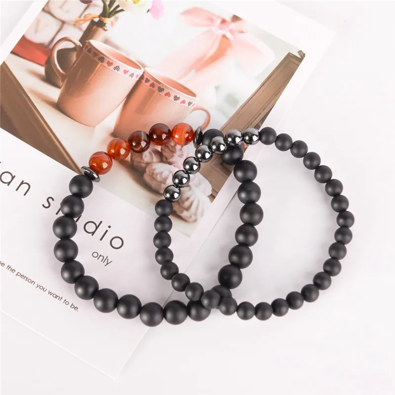 

2Pcs/lot Fashion Lucky Black Natural Stone Wrap Bracelet Unique Elastic Lover's And Friendship Semi-precious Stone Bracelet