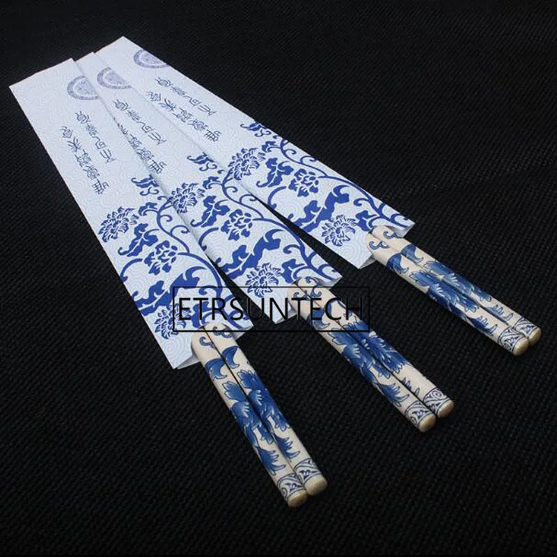 

500pairs 24cm Chinese Disposable Bamboo Chopsticks Blue and White Porcelain Pattern Individually Wrapped