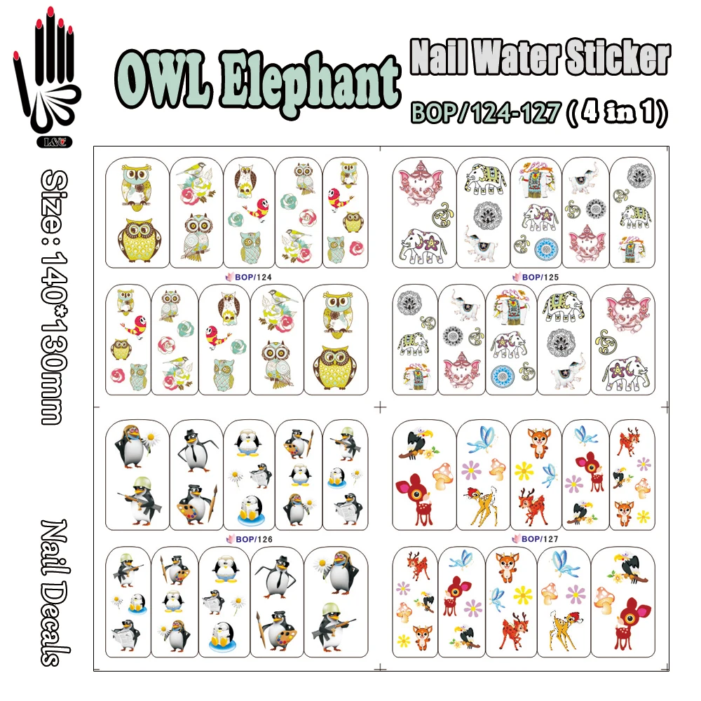 4 листа/уп ногтей Наклейка BOP124-127 Сова и слон дизайн ногтей воды Стикеры для нейл-арта, аксессуар для колеса (4 вида конструкций в 1)
