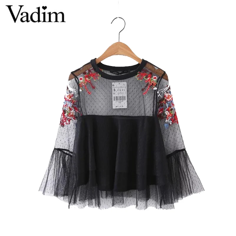 Женская блузка прозрачная с цветочной вышивкой сетчатая подкладкой LT1798 | одежда