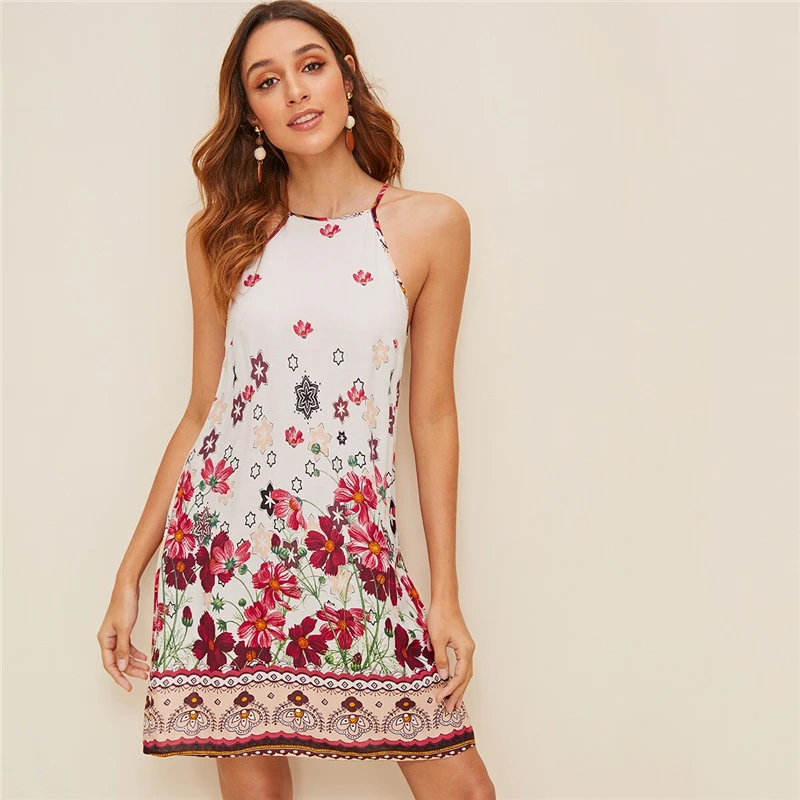 SHEIN женское пляжное прямое платье с цветочным принтом на бретельках Boho летнее праздничное короткое платье без рукавов на пуговицах сзади