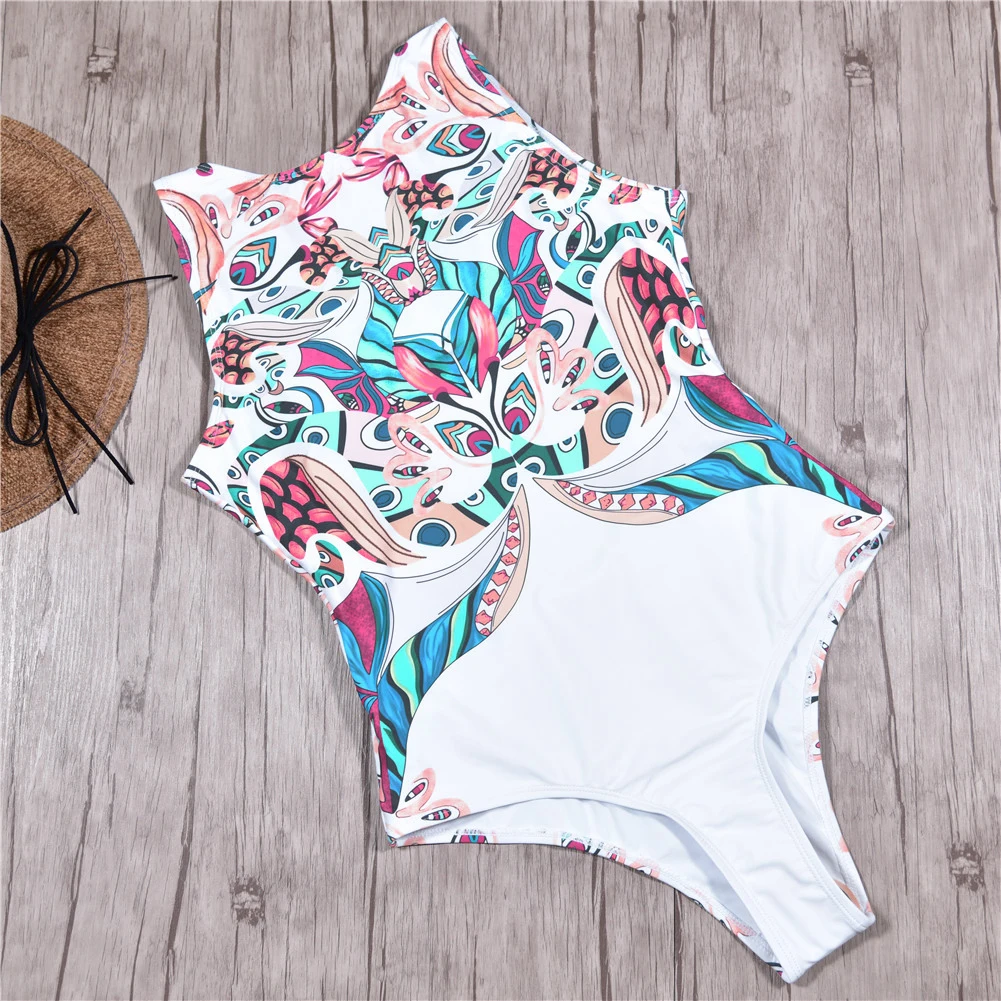 Бикини 2019 Женский Ретро Цельный купальник с высокой горловиной и принтом женский