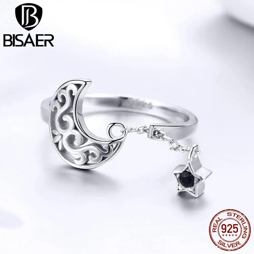 BISAER Аутентичные 925 пробы серебряные кольца с Луной и звездами, регулируемые кольца на палец, CZ ювелирные изделия, подарки на день святого Валентина для женщин GXR479