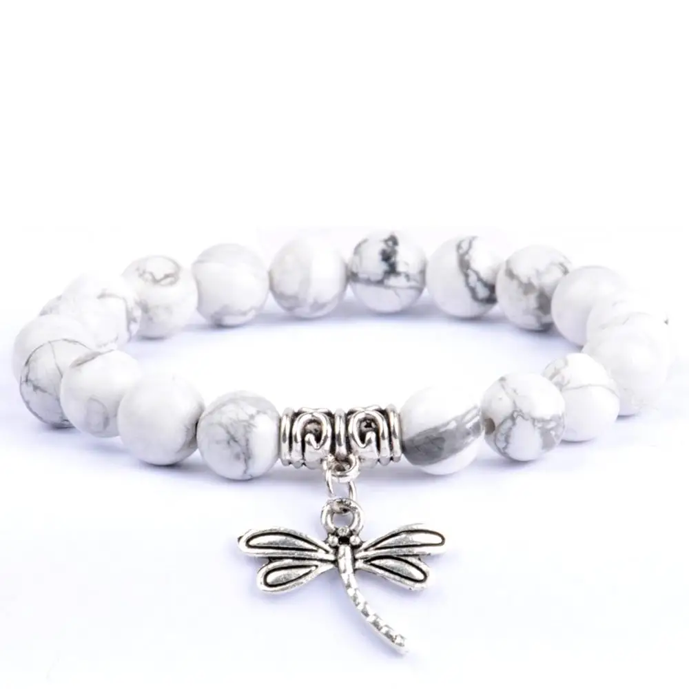 White Howlite Модные женские браслеты классические очаровательные стрекозы натуральный черный белый камень из бисера мужские подарочные браслеты и ювелирные изделия женский браслет - Окраска металла: White Howlite