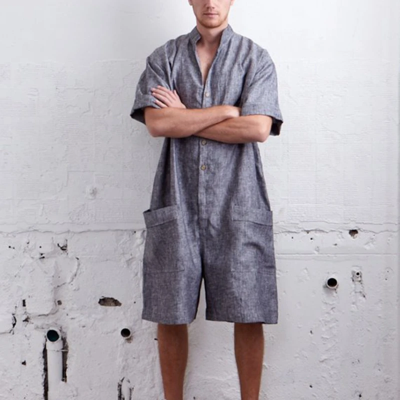 CYSINCOS Summer Loose Men Rompers Cotton Half Sleeve Button Pants Vintage Casual Solid Men Cargo Overalls Jumpsuit Trousers Men