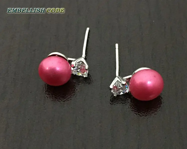 dark pink Очаровательные серьги-гвоздики из натурального пресноводного жемчуга, 8 мм, хорошее ювелирное изделие, серебро 925 пробы, цирконий, белый, черный, фиолетовый, коричневый, синий - Окраска металла: dark pink
