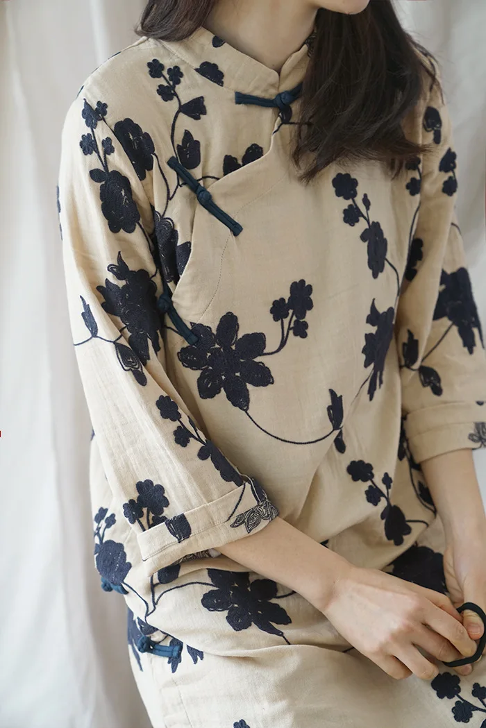 Johnature женское винтажное платье Cheongsam с вышивкой и стоячим воротником весеннее Новое Оригинальное женское хлопковое китайское платье с пуговицами