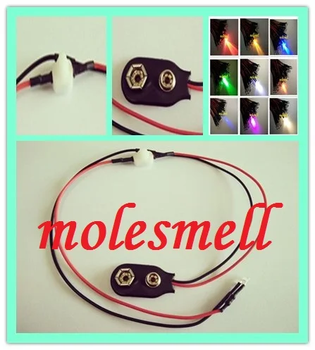 

3mm 9v DC Multicolor Red Yellow Blue Green White Orange UV Pink Warm white Pre-Wired LED WITH SNAP ON 9V clip with mini switch