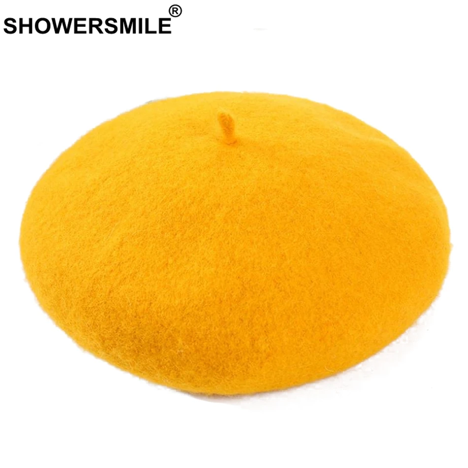 SHOWERSMILE, женские теплые береты, желтые шерстяные французские береты, шапки, женские Регулируемые мягкие шапки, художественная элегантная зимняя шапка для художников