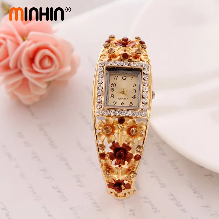 Часы MINHIN Brilliant, 5 цветов, браслет для женщин, золотой цвет, Хрустальный цветок, дизайн, Браслет-манжета, кварцевые часы, повседневные наручные часы