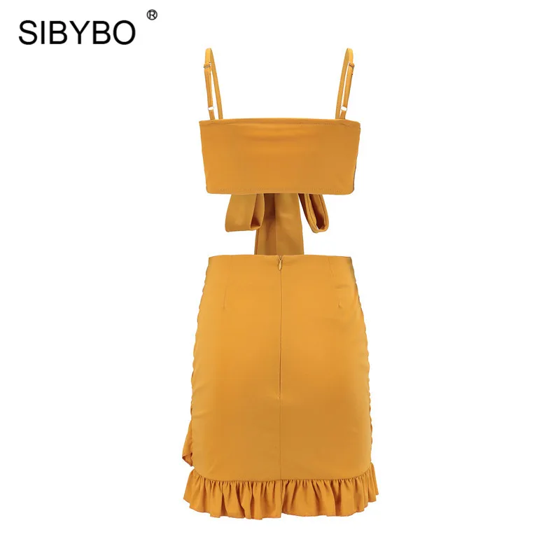 Женское боди с оборками и бантом Sibybo, на бретельках спагетти с v-образным вырезом без рукавов, комплект из двух частей на лето, мини-платье для клубной вечеринки