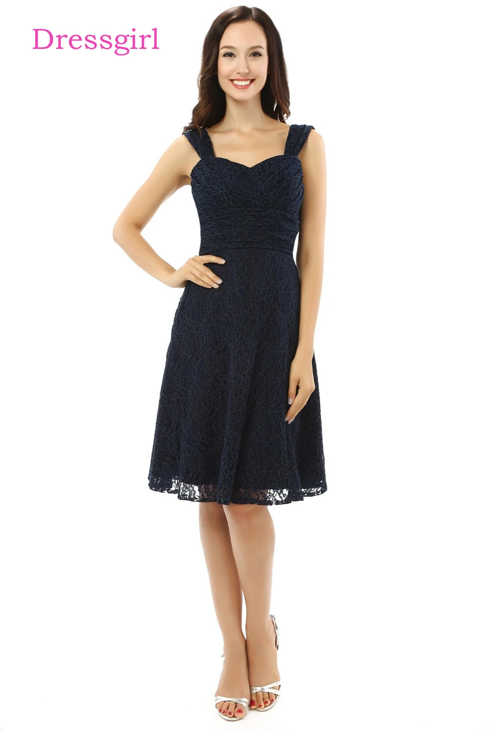 

New Cheap Bridesmaid Dresses Under 50 A-line Sweetheart Knee Length Navy Blue Lace Wedding Party Dresses