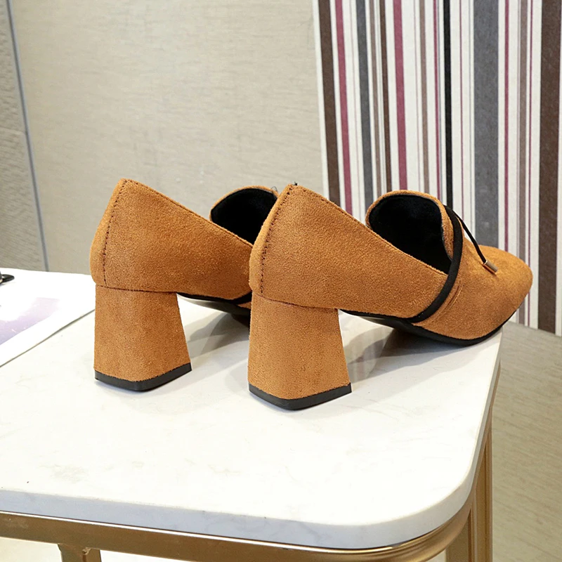 Comfortable office women shoes summer suede 2019 new square toe genuine leather medium heel solid shallow size40 | Обувь