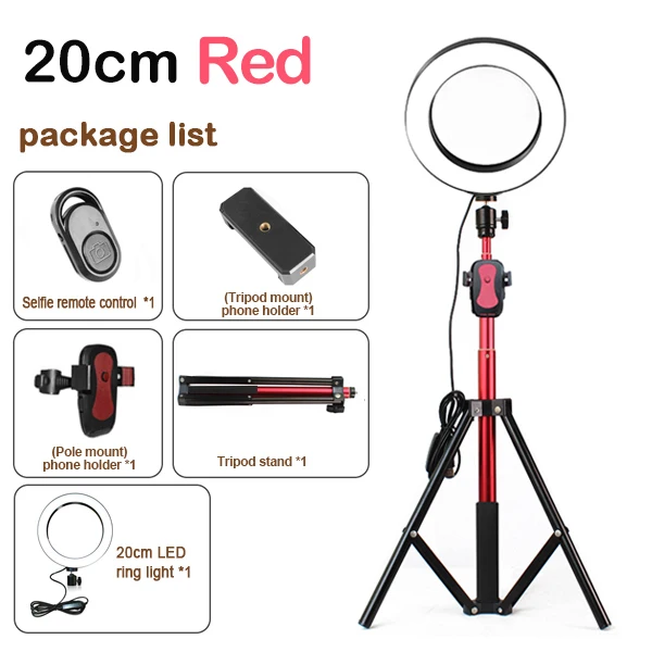 20cm red Светодиодный светильник-кольцо, 10 дюймов, 5600 K, светильник, лампа с регулируемой яркостью, для студийной фотосъемки, телефона, видео, с 150 см штативом, селфи-палка и usb-разъем для Canon - Цвет: 20cm red