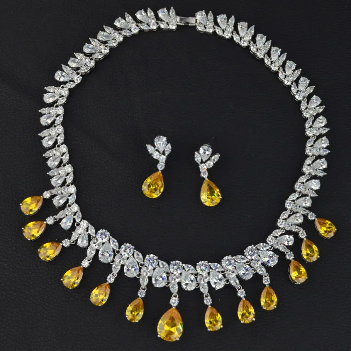 New arrival yellow/golden zircon stone bridal wedding necklace earring jewelry set high quality luxury | Украшения и аксессуары