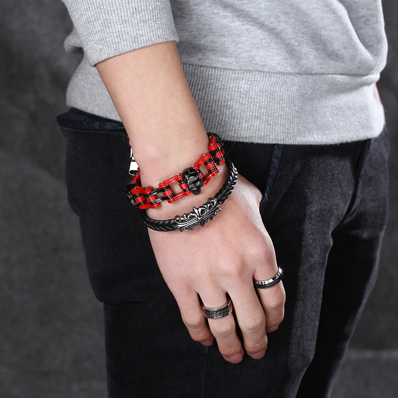 Heavy Black Gold Motorcycle Biker Bracelet For Men Hiphop Punk Red Stainless Steel Bangles Bicycle Chain Skull Jewelry pulseira | Украшения