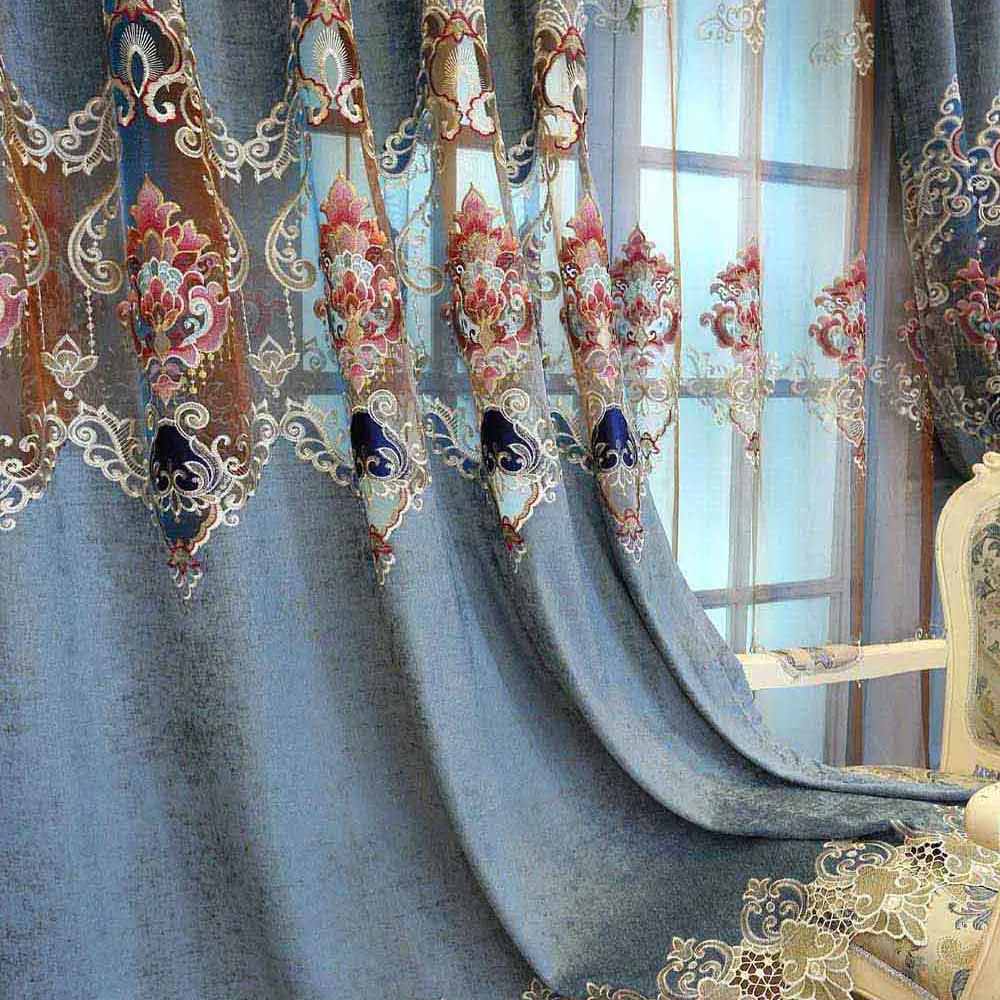 Blue Cloth Роскошные шенилловые кофейные шторы в европейском стиле для гостиной, вышитые тюлевые ткани, полузатемненные занавески для спальни, AP017-4 - Цвет: Blue Cloth