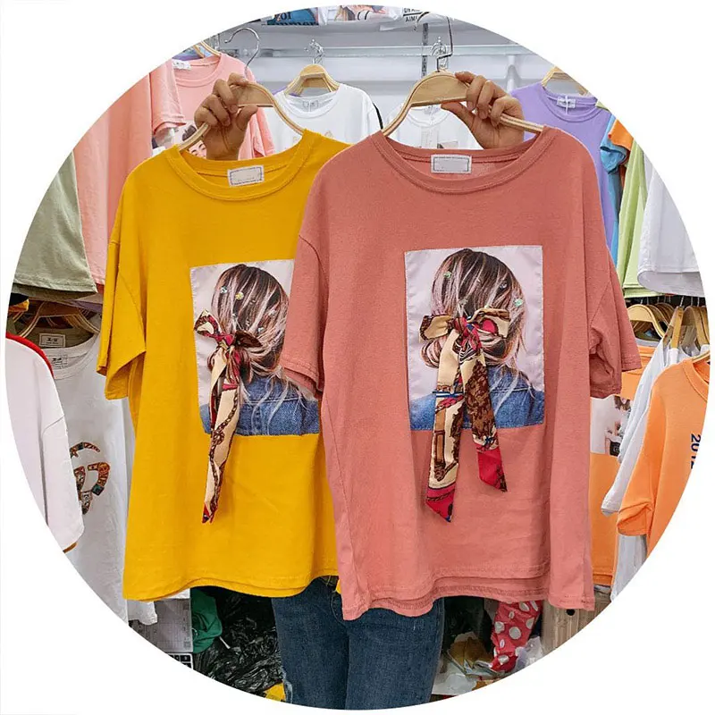 Женская хлопковая Футболка с узлом круглым вырезом коротким рукавом и принтом