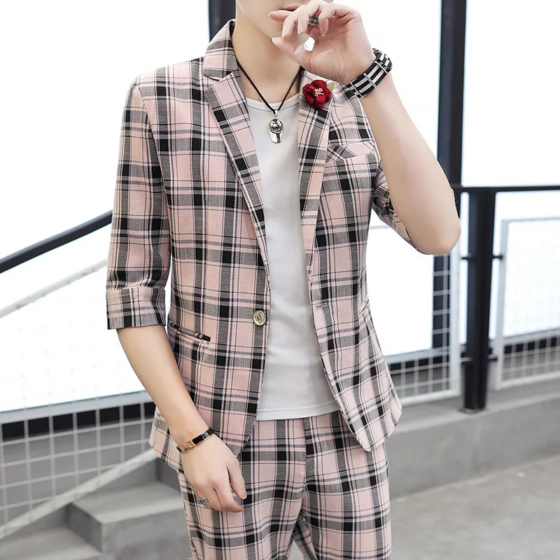 

Men's Two-piece Youth Korean Version of the Slim Plaid Suit Costume Homme Pour Mariage Costumes Hommes
