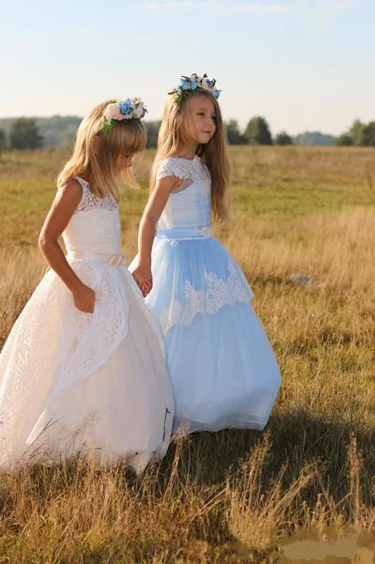 New Little Girls White Ivory First Communion Dress with Sash Crew Neck Sheer Lace Flower Girl for Wedding Birthday Gown | Детская одежда