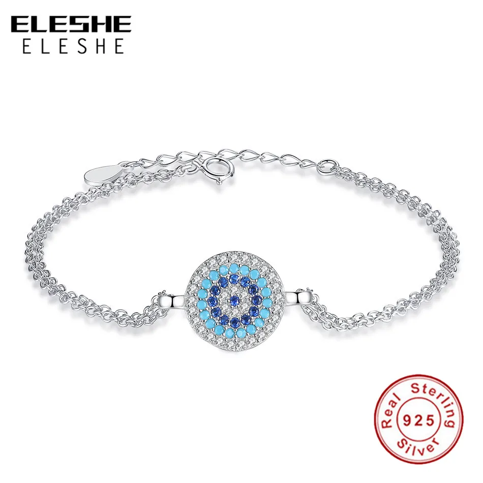 ELESHE Lucky 925 Sterling Silver Round Blue Eyes Power Tennis Bracelet CZ Adjustable Link Chain Bracelets Jewelry | Украшения и